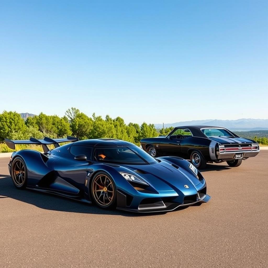 A futuristic hypercar, the Koenigsegg Jesko Absolut, parked alongside a classic 1970 Chevrolet Chevelle SS 454, showcasing the stunning contrast of modern engineering and vintage muscle car design