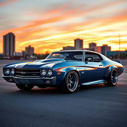 A stunning hybrid car design that combines the sleek, aerodynamic features of a Koenigsegg Jesko Absolut with the classic muscle car aesthetics of a 1970 Chevelle SS 454