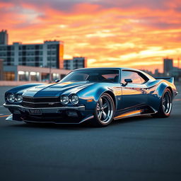 A stunning hybrid car design that combines the sleek, aerodynamic features of a Koenigsegg Jesko Absolut with the classic muscle car aesthetics of a 1970 Chevelle SS 454