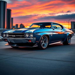 A stunning hybrid car design that combines the sleek, aerodynamic features of a Koenigsegg Jesko Absolut with the classic muscle car aesthetics of a 1970 Chevelle SS 454