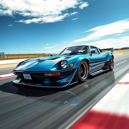 A stunning automotive illustration blending the sleek, aerodynamic design of a Koenigsegg Jesko Absolute with the classic, retro contours of a Datsun 240Z