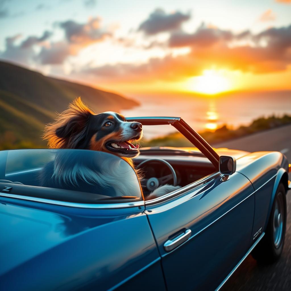 An Australian Shepherd dog enthusiastically driving a classic Datsun 240Z sports car down a scenic coastal road during sunset