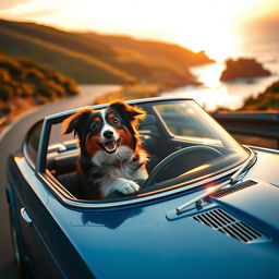 An Australian Shepherd dog enthusiastically driving a classic Datsun 240Z sports car down a scenic coastal road during sunset