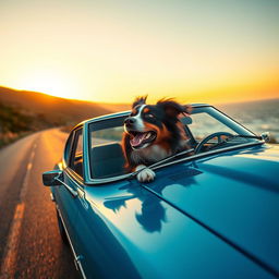 An Australian Shepherd dog enthusiastically driving a classic Datsun 240Z sports car down a scenic coastal road during sunset