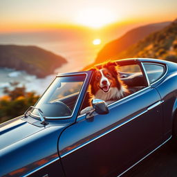 An Australian Shepherd dog enthusiastically driving a classic Datsun 240Z sports car down a scenic coastal road during sunset