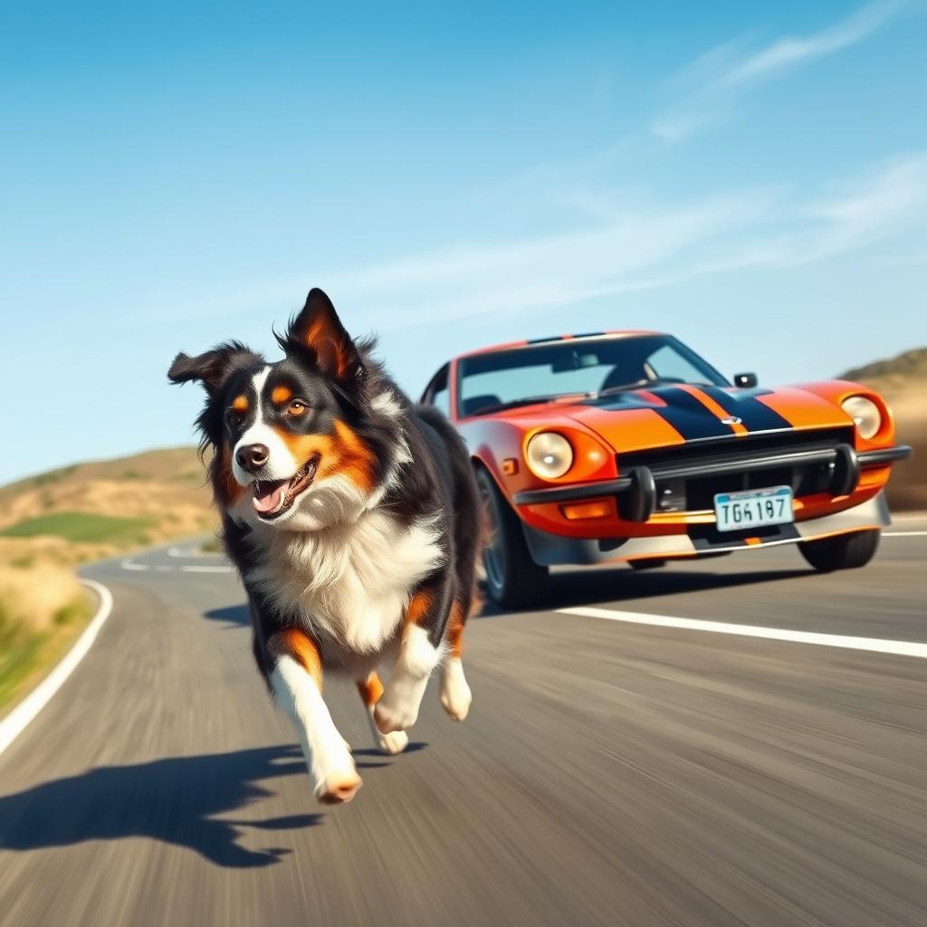 A dynamic scene depicting an Australian Shepherd dog racing alongside a classic Datsun 240Z sports car