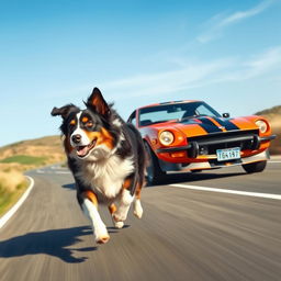 A dynamic scene depicting an Australian Shepherd dog racing alongside a classic Datsun 240Z sports car