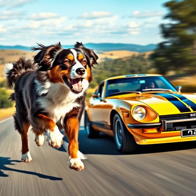 A dynamic scene depicting an Australian Shepherd dog racing alongside a classic Datsun 240Z sports car