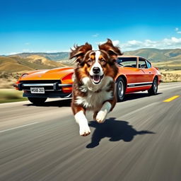 A dynamic scene depicting an Australian Shepherd dog racing alongside a classic Datsun 240Z sports car