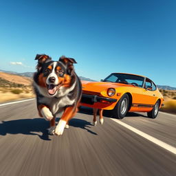 A dynamic scene depicting an Australian Shepherd dog racing alongside a classic Datsun 240Z sports car