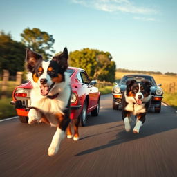 An energetic Australian Shepherd running alongside a classic Datsun 240Z, captured in full view