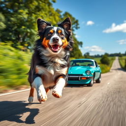 An energetic Australian Shepherd running alongside a classic Datsun 240Z, captured in full view