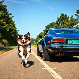 An energetic Australian Shepherd running alongside a classic Datsun 240Z, captured in full view