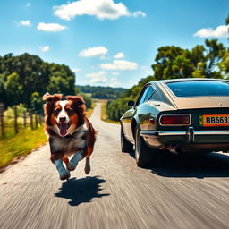 An energetic Australian Shepherd running alongside a classic Datsun 240Z, captured in full view