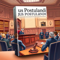 A book cover design for a legal book titled 'Jus Postulandi', featuring an engaging illustration of a courtroom hearing