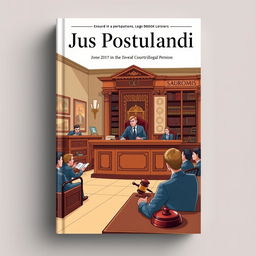 A book cover design for a legal book titled 'Jus Postulandi', featuring an engaging illustration of a courtroom hearing