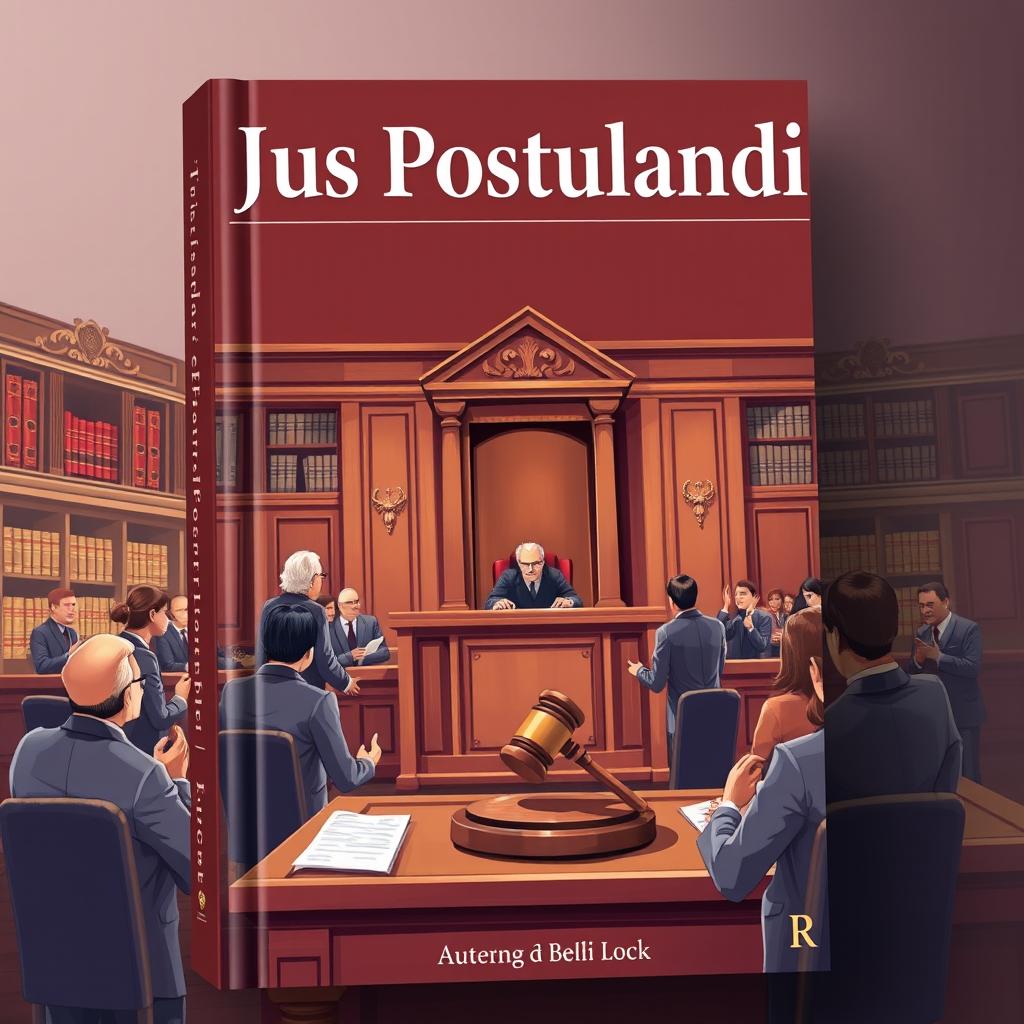 A book cover design for a legal book titled 'Jus Postulandi', featuring an engaging illustration of a courtroom hearing