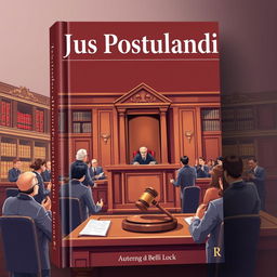 A book cover design for a legal book titled 'Jus Postulandi', featuring an engaging illustration of a courtroom hearing