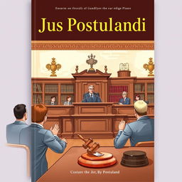 A book cover design for a legal book titled 'Jus Postulandi', featuring an engaging illustration of a courtroom hearing