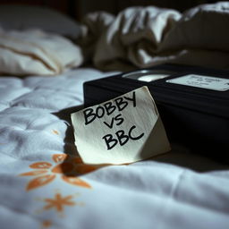 A close-up of a vintage VHS tape with a handwritten label that reads 'BOBBY VS BBC', resting on a stained, unmade mattress