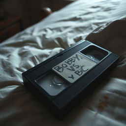 A close-up of a vintage VHS tape with a handwritten label that reads 'BOBBY VS BBC', resting on a stained, unmade mattress