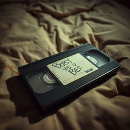 A close-up of a vintage VHS tape with a handwritten label that reads 'BOBBY VS BBC', resting on a stained, unmade mattress