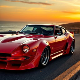 A stunning concept car design blending the classic Datsun 240Z with the sleek, aggressive features of an Enzo Ferrari