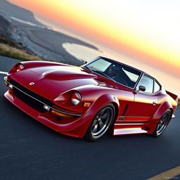 A stunning concept car design blending the classic Datsun 240Z with the sleek, aggressive features of an Enzo Ferrari