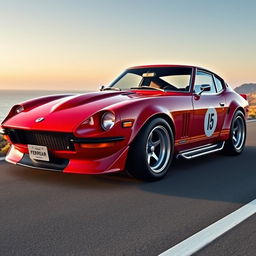 A stunning concept car design blending the classic Datsun 240Z with the sleek, aggressive features of an Enzo Ferrari