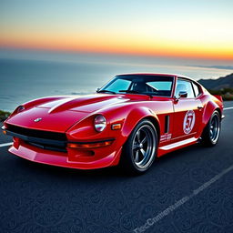 A stunning concept car design blending the classic Datsun 240Z with the sleek, aggressive features of an Enzo Ferrari