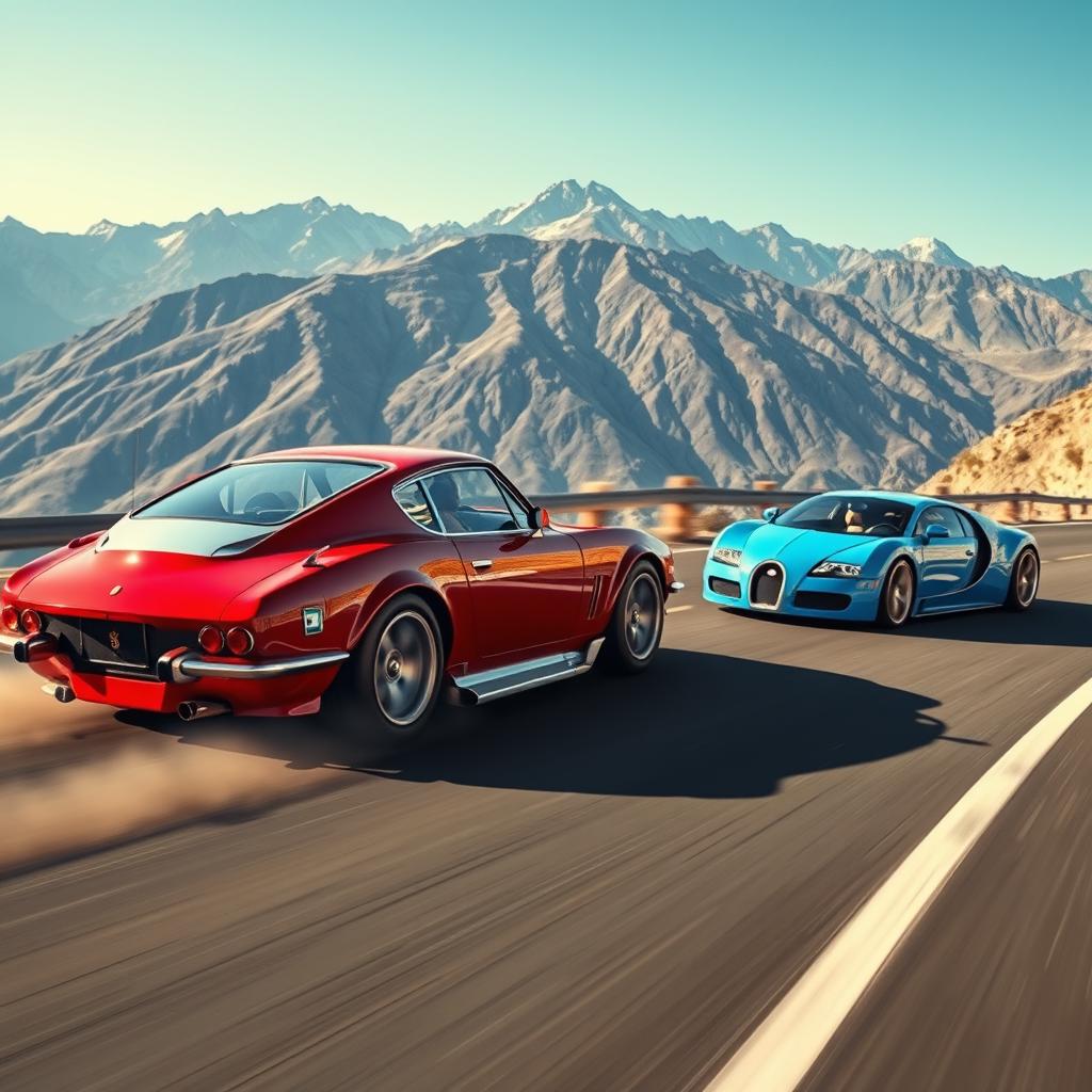 A thrilling scene of a Datsun 240Z, intricately designed with elements of an Enzo Ferrari, racing against a sleek Bugatti on a winding mountain road