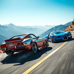 A thrilling scene of a Datsun 240Z, intricately designed with elements of an Enzo Ferrari, racing against a sleek Bugatti on a winding mountain road