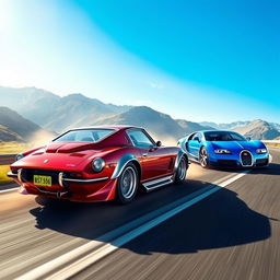 A thrilling scene of a Datsun 240Z, intricately designed with elements of an Enzo Ferrari, racing against a sleek Bugatti on a winding mountain road