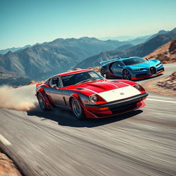 A thrilling scene of a Datsun 240Z, intricately designed with elements of an Enzo Ferrari, racing against a sleek Bugatti on a winding mountain road