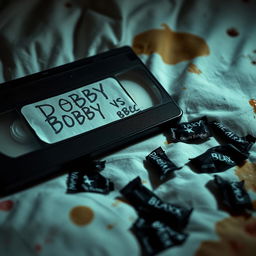 A close-up shot of a VHS tape with a handwritten label that reads "BOBBY VS BBC" resting on a stained mattress