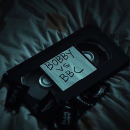 A close-up shot of a VHS tape with a handwritten label that reads "BOBBY VS BBC" resting on a stained mattress