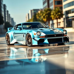 A unique and stunning car design featuring a Datsun 240Z mixed with elements from a Bugatti