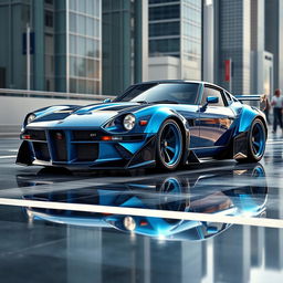 A unique and stunning car design featuring a Datsun 240Z mixed with elements from a Bugatti