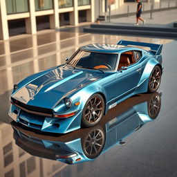 A unique and stunning car design featuring a Datsun 240Z mixed with elements from a Bugatti