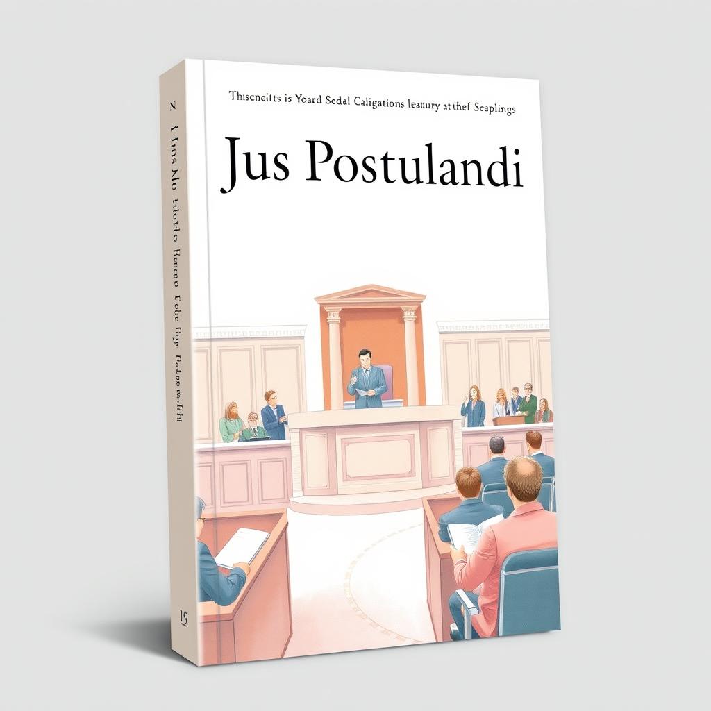 A book cover design for a legal title 'Jus Postulandi', featuring a pastel-colored illustration of a courtroom hearing