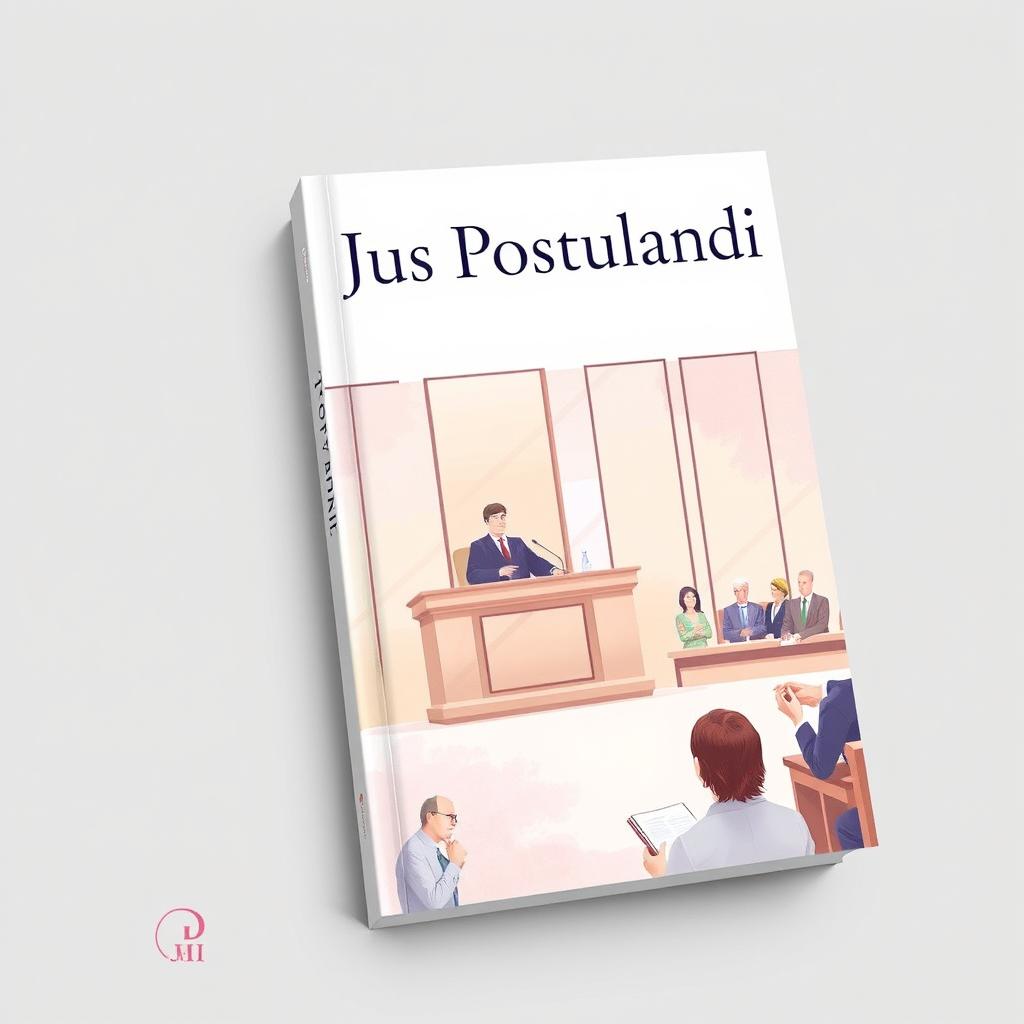 A book cover design for a legal title 'Jus Postulandi', featuring a pastel-colored illustration of a courtroom hearing