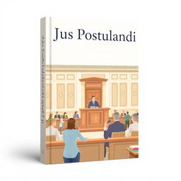 A book cover design for a legal title 'Jus Postulandi', featuring a pastel-colored illustration of a courtroom hearing