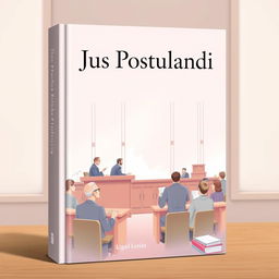 A book cover design for a legal title 'Jus Postulandi', featuring a pastel-colored illustration of a courtroom hearing