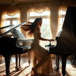 A young woman with long flowing hair passionately playing a grand piano in a beautifully lit room