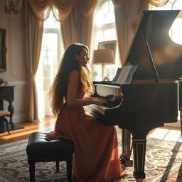 A young woman with long flowing hair passionately playing a grand piano in a beautifully lit room