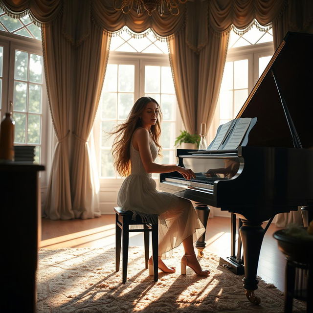 A young woman with long flowing hair passionately playing a grand piano in a beautifully lit room