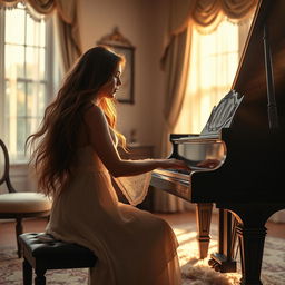 A young woman with long flowing hair passionately playing a grand piano in a beautifully lit room