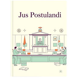 A book cover design for a legal title 'Jus Postulandi', featuring a pastel-colored illustration of a labor court (tribunal do trabalho)