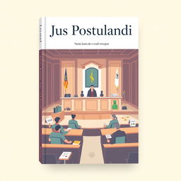 A book cover design for a legal title 'Jus Postulandi', featuring a pastel-colored illustration of a labor court (tribunal do trabalho)