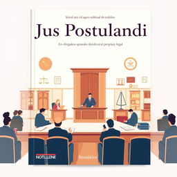 A book cover design for a legal title 'Jus Postulandi', featuring a pastel-colored illustration of a labor court (tribunal do trabalho)